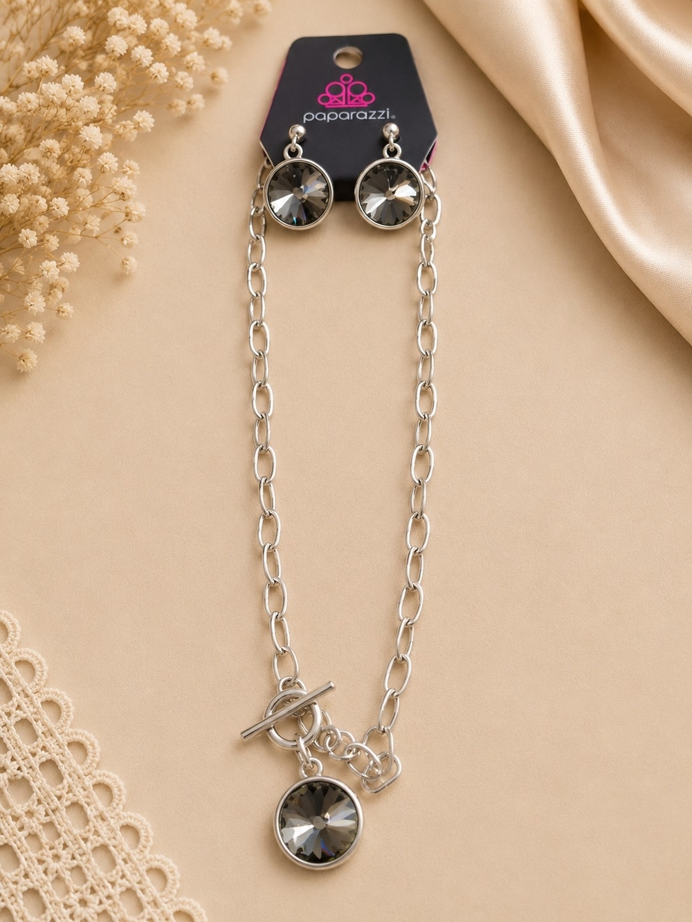 paparazzi Silver Smoky Crystal Pendant Necklace with Matching Earrings